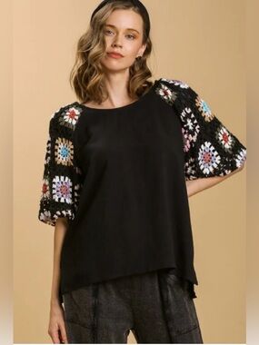 Umgee Black Top with Multicolor Crochet Puff Sleeves